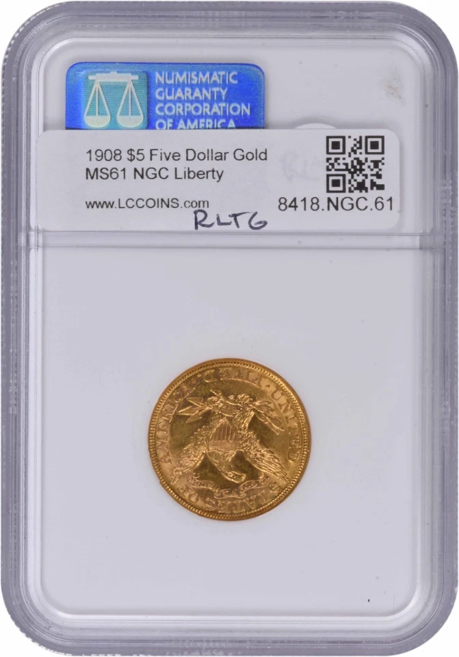 Cabeza Liberty 1908 $5 oro MS61 NGC Foto 2 de 4