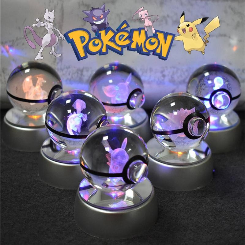 Lámpara LED 3D Pokemon Cristal Pokeball Pikachu Gengar Mewtwo Lámpara de Luz Nocturna