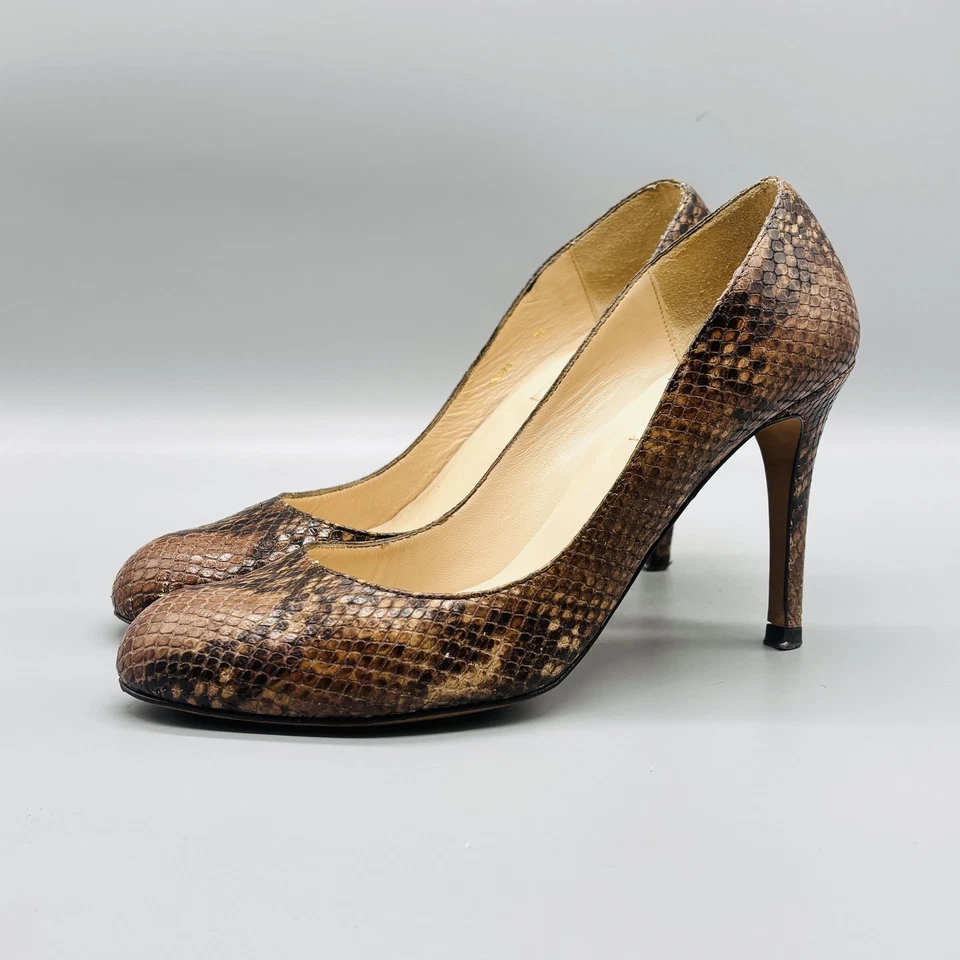 LK Bennett Zapatos Mujer 8.5 Cuero Marrón Estampado Serpiente Tacón Alto Vestido de Bomba Londres Foto 3 de 4