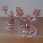 Fenton Pink Iridescent Pineapple 2 Arm Candelabra Candlestick Set Rainbow