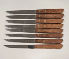Vintage Hanford Forge Japan Stainless Steel 8 Piece Wood Handle Steak Knives Set