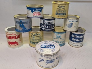 Lot Of 10 Vintage Oyster/Crab Meat Can Tins Seafood Tins Cans 8oz 12oz & 16oz