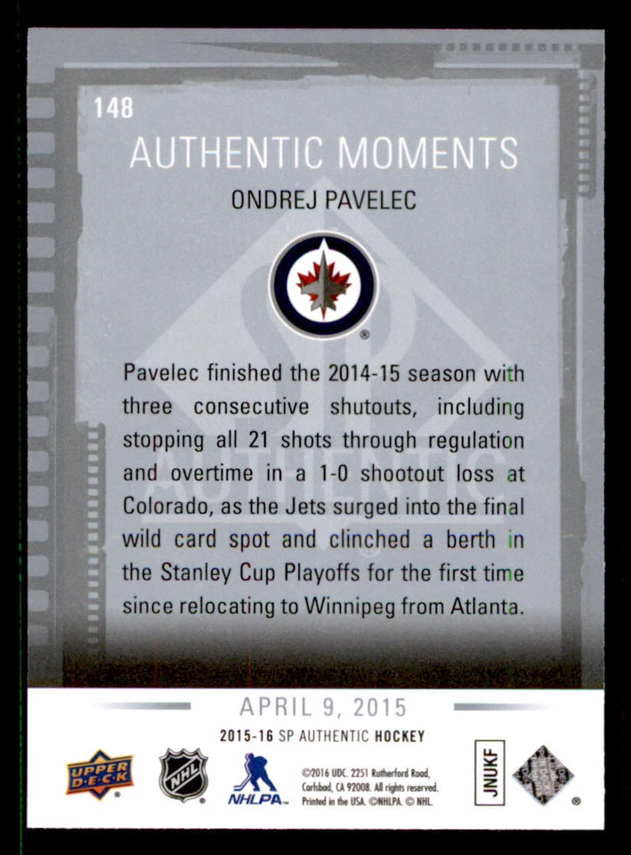 2015-16 SP Authentic #148 Ondrej Pavelec AM - Image 2 of 2