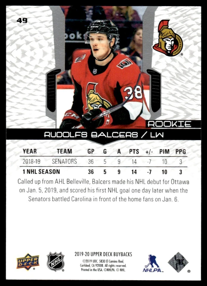 2019-20 Upper Deck Buybacks Rudolfs Balcers Rookie 189/199 Ottawa Senators #49 - Image 2 of 2