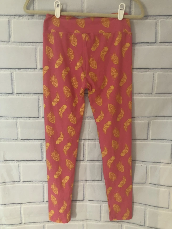 Леггинсы LuLaRoe однотонные розовые с желтыми павлиньими перьями OS один размер длинные - Изображение 4 из 4