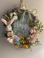 MDF Wood Floral Happy Easter Bunny Door Wall Wreath Sign Cord Wrapped Carrots