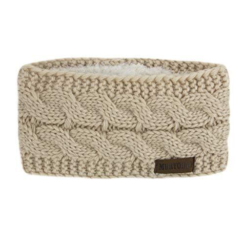 Women Winter Warm Headband Fuzzy Fleece Lined Stretch Thick Cable Knit Beige - Picture 1 of 6