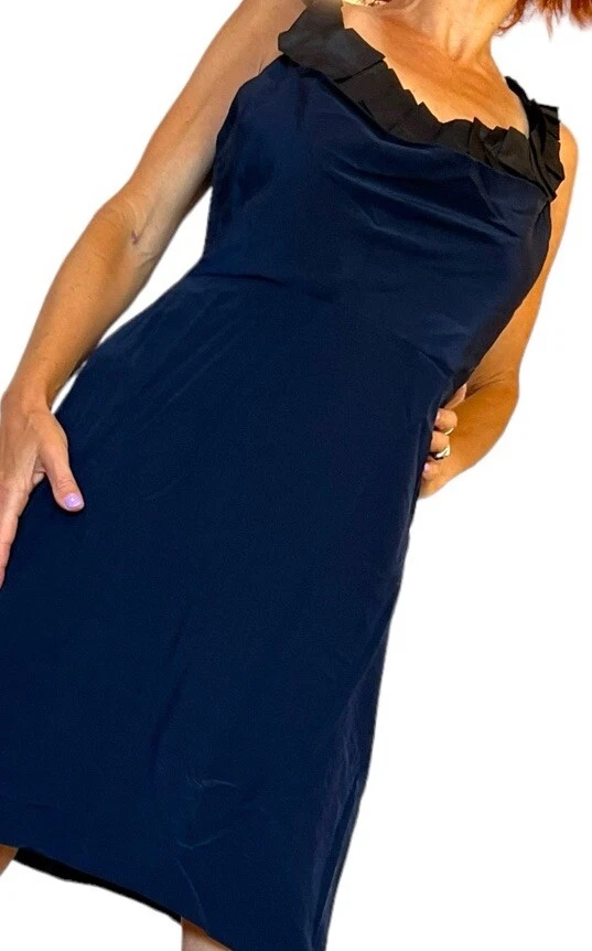 MONIQUE LHUILLIER Navy Cowl Neck Sleeveless Ruffle Silk Mini Sheath Dress M - image 3 of 4