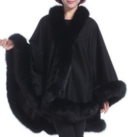 Black Cashmere cape with Fox fur Collar Trim all around one size for all new 
