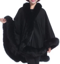 Black Cashmere cape with Fox fur Collar Trim all around one size for all new 
