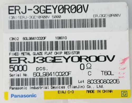 Resistor SMD Zero Ohm 0603 dicker Film 0,1 W SMT Panasonic ERJ-3GEY0R00V 5000 Stck. - Bild 3 von 3