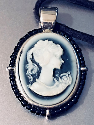  M'Lady Light Blue Cream Cameo Pendant Necklace Black Suede Cord by Lia Sophia