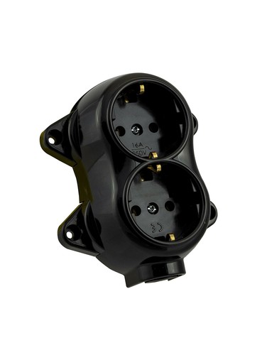 Presa retrò - 2x - 16A-250V - montaggio da incasso - ottone - spesso nero retrò - Foto 3 di 3