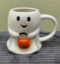 White Ceramic Ghost Coffee Mug Holding Pumpkin Jack-O-Lantern Halloween Cup