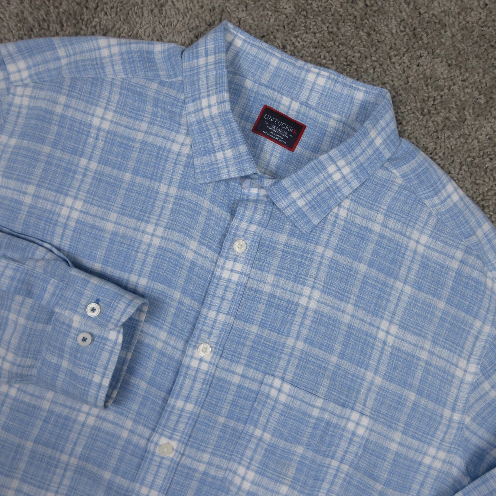 Untuckit Shirt Mens 2XL Blue Plaid Wrinkle Resistant Linen Montebello Button Up
