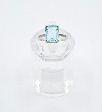 Sterling Silver Blue Topaz  CZ Accent Ring   Emerald Cut Center   2.1gr