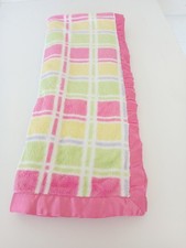 HTF Nursery Rhyme Plaid Green Yellow Purple Pink Satin Trim Baby Blanket