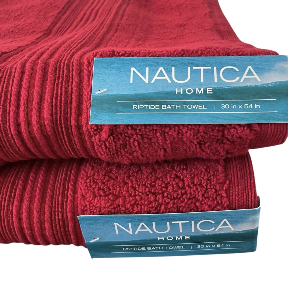 Nautica Bath Towel Set of 2 Red Cotton 30" x 54" Riptide OEKO-TEX  Absorbant New - Image 2 of 4