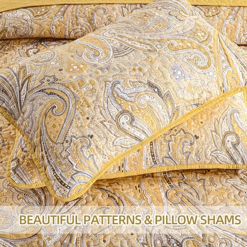 Yellow Paisley Quilt Set Full Size - 3 Pieces Boho Paisley Quilt Bedspread - Picture 7 of 8