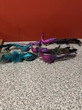 6 Teal  Purple FEATHERED PEACOCK Bird Clip-On Christmas Ornaments
