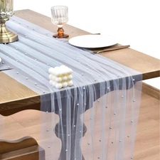 Fall Pearl Table Runner 10ft Rustic Boho Tulle Table Runner with Pearls for B...