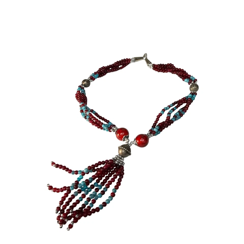 Collar Boho Multistrand Cuentas Rojo Turquesa Borla Distintiva Joyería Foto 4 de 4