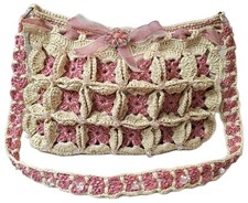 VTG Handmade Crocheted Raffia Purse Beaded Lined Handbag Ribbon Broach Accent