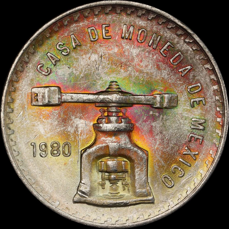 PCGS MS63 1980 MO Mexico Silver 1 Onza - Amazing Rainbow toning!!!! - Image 3 of 4