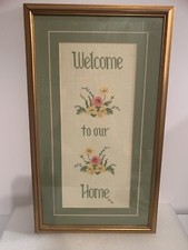 Vintage Cross Stitch Framed Welcome To Our Home Floral Accents 10" x 18"