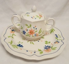 Country French Ironstone 10.5” Dinner Plate and Sugar Bowl Peach Blue Flowers