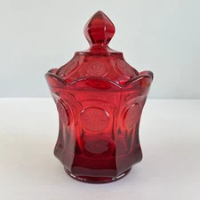 Vintage Fostoria Ruby Red Coin Dot Glass Sugar Candy Dish Wedding Dish 6.5”
