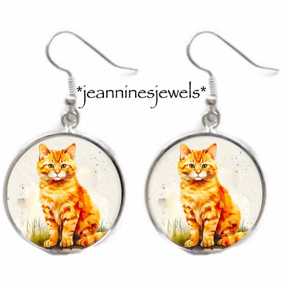 Marmalade Tiger Cat EARRINGS Orange Ginger Kitty Art Print Silver