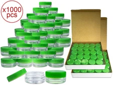 1000 Pieces 3Gram/3ml Plastic Round Clear Sample Jar Containers with Green Lids 