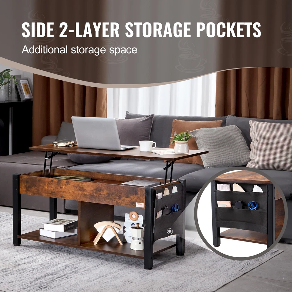 VEVOR Table basse relevable table basse rectangulaire 1060 mm pour salon marron - Photo 4/4