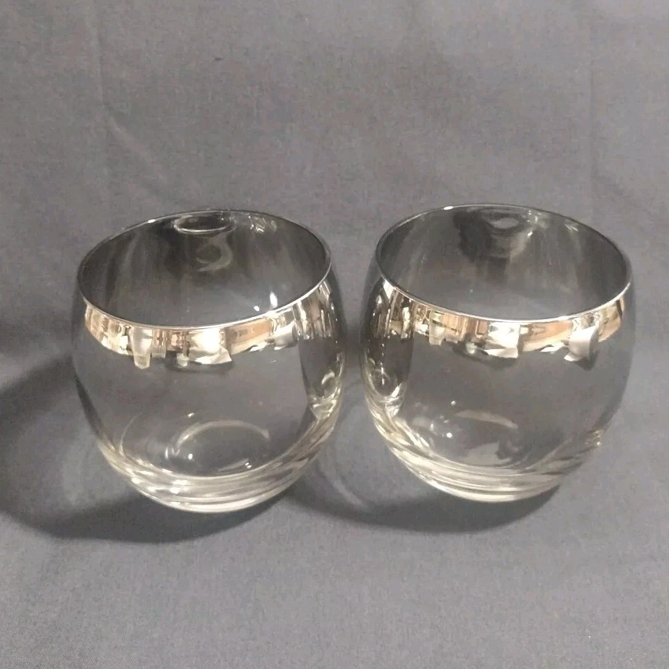 Vintage Roly Poly Glasses MCM Silver Fade  1950's Set of (2) 3 1 4''