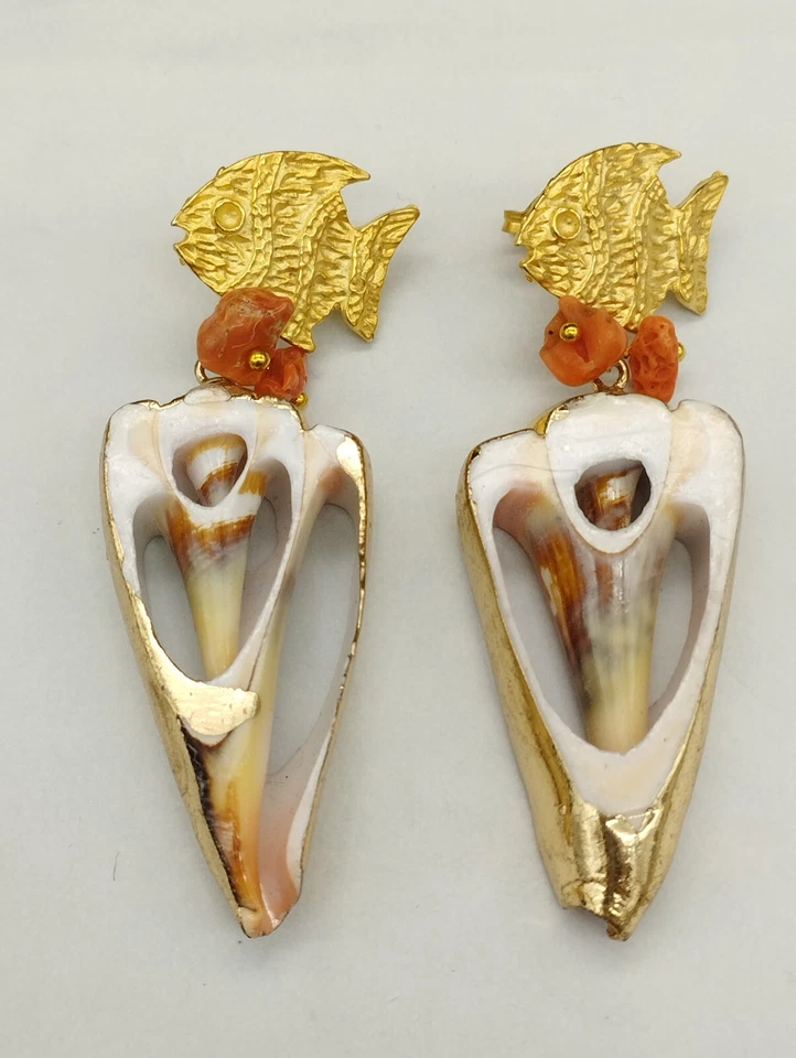 Pendientes Mujer Colgantes Real Coral Rojo Concha Perno A Lobo Verano - Imagen 3 de 4