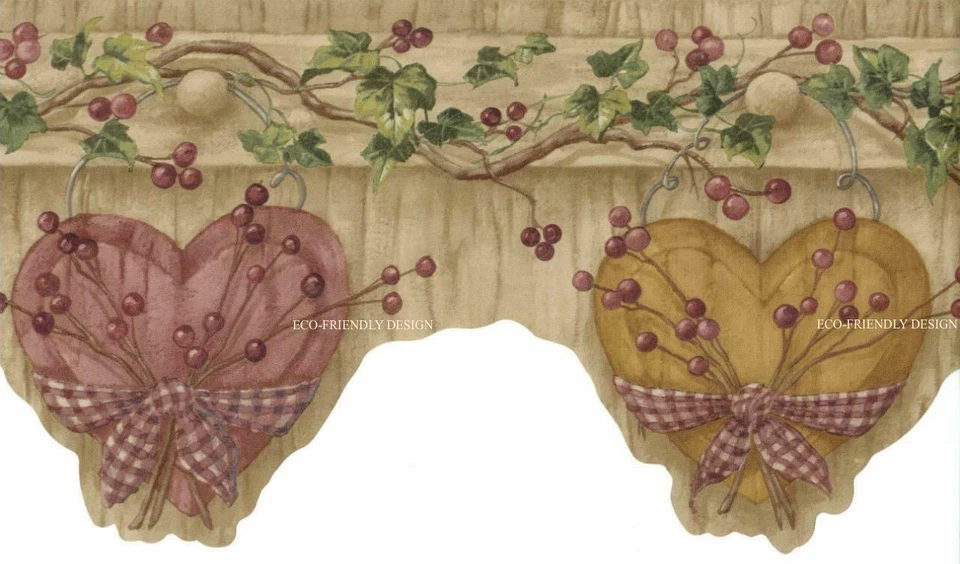 Corazones festoneados sobre madera rústica marrón con borde de papel tapiz de bayas - NUEVO Foto 4 de 4