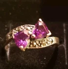 Vntg Sterling 925 Glass Trillian Cut Purple  & Marcasite Stone Ring Sz 7.5