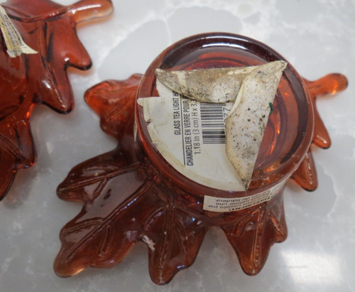 Set of 3 Fall Autumn Harvest Leaf Amber Brown Glass Tealight Candleholders - Picture 4 of 13