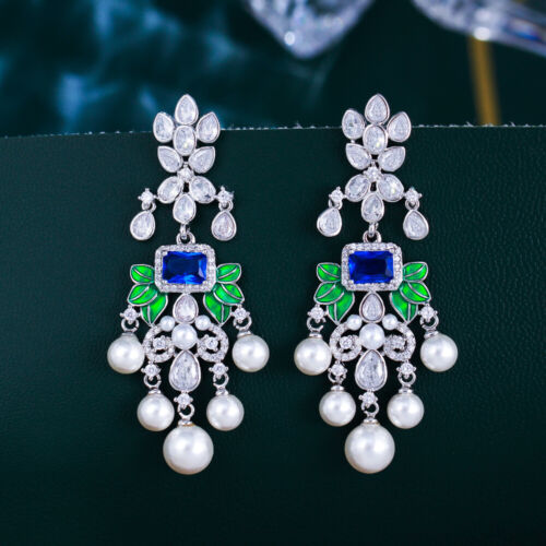 Sparkling Silver Plated Green Leaf Blue CZ Long Chandelier Pearl Drop Earrings - Picture 1 of 9