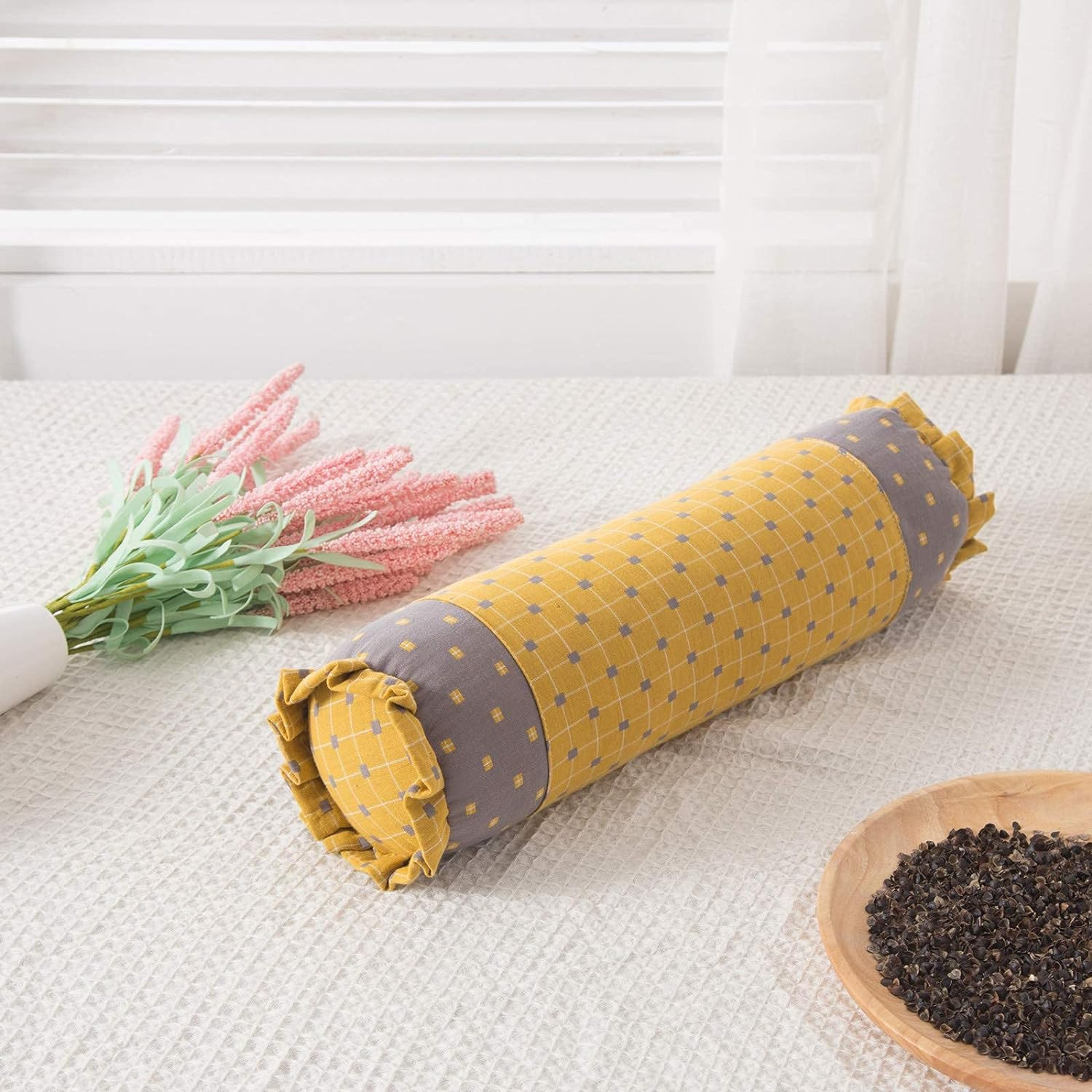 Buckwheat Hulls Roll Cylinder Pillow, round Cervical with Removable Washable Cot