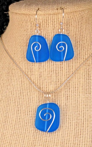 AZURE BLUE Cultured sea glass necklace earrings set 20" chain hand wired design - Picture 3 of 6