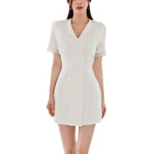 Women V-Neck Double Breasted Button Short Sleeve Work Office Blazer Dress