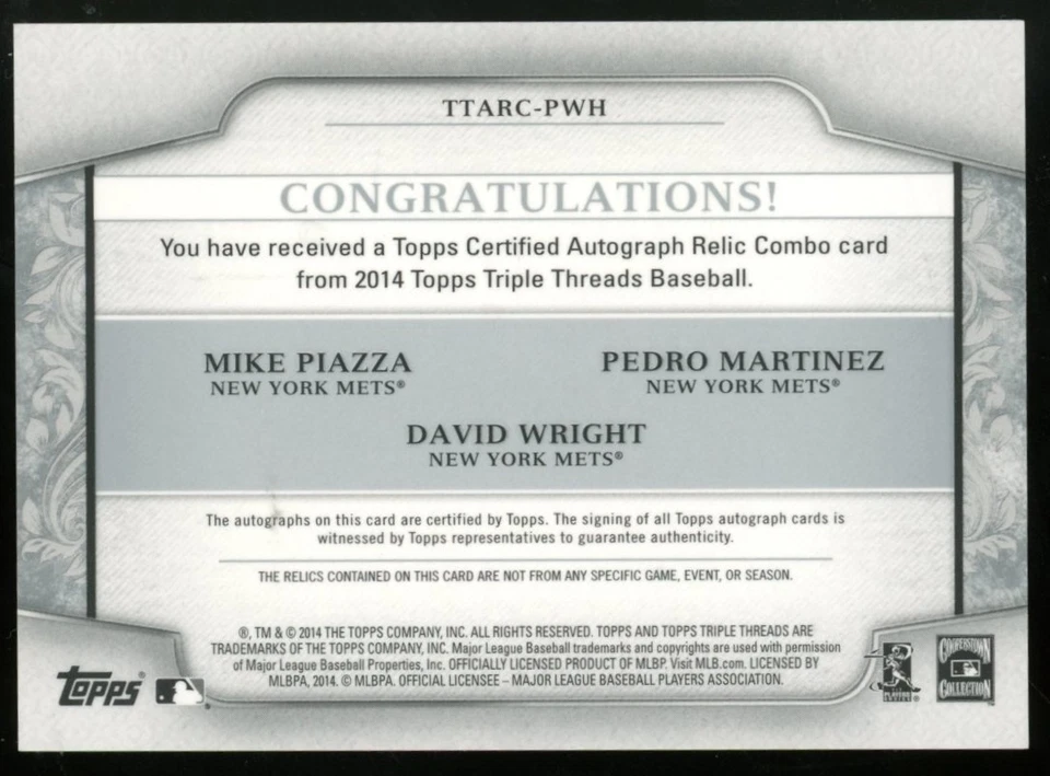 Mike Piazza David Wright Pedro Martinez 2014 Topps Triple Theads Auto Patch /36 - Image 2 of 2