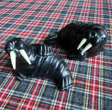 Walrus Figurines Set of 2 Pair Black Walrus Figurines with White Tusks