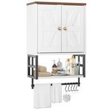 Farmhouse Bathroom Wall Cabinet, White Medicine Storage with Towel Bar, Organize