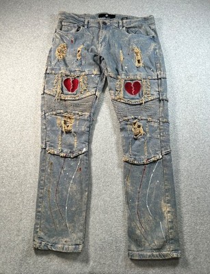Focus Moto Jeans Mens 34x32 Broken Heart Distressed Biker Ribbed Distressed Y2K