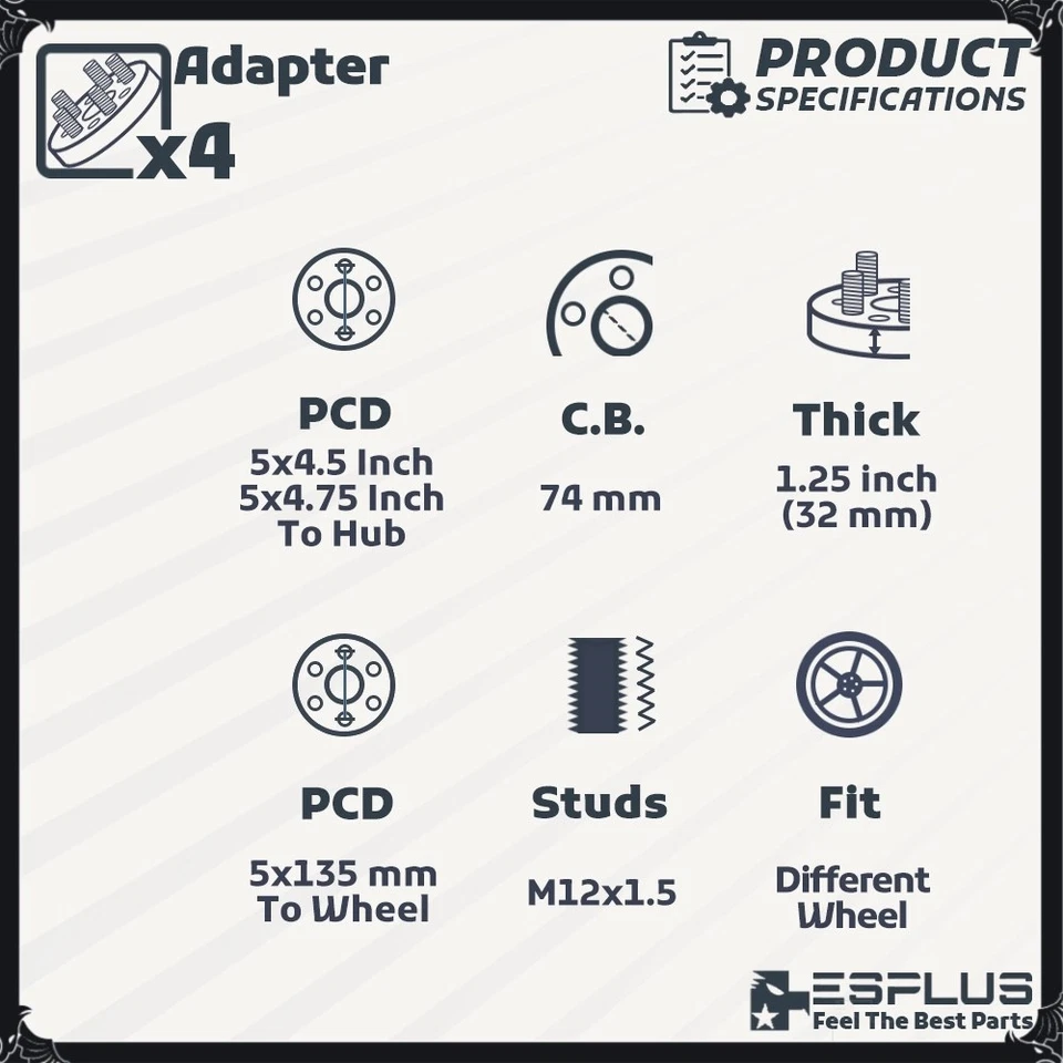Adaptador de rueda diferente 4x 1,25" Convertir 5x4,5" a 5x135mm M12x1,5 Stud Fit Ford Foto 3 de 4