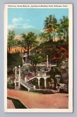Vintage Iowa Postcard DUBUQUE Madison Park North Main Stairway 1943