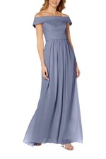 Adrianna Papell Off Shoulder Ruched Piping Detail Crepe Chiffon Dress Dusty Blue